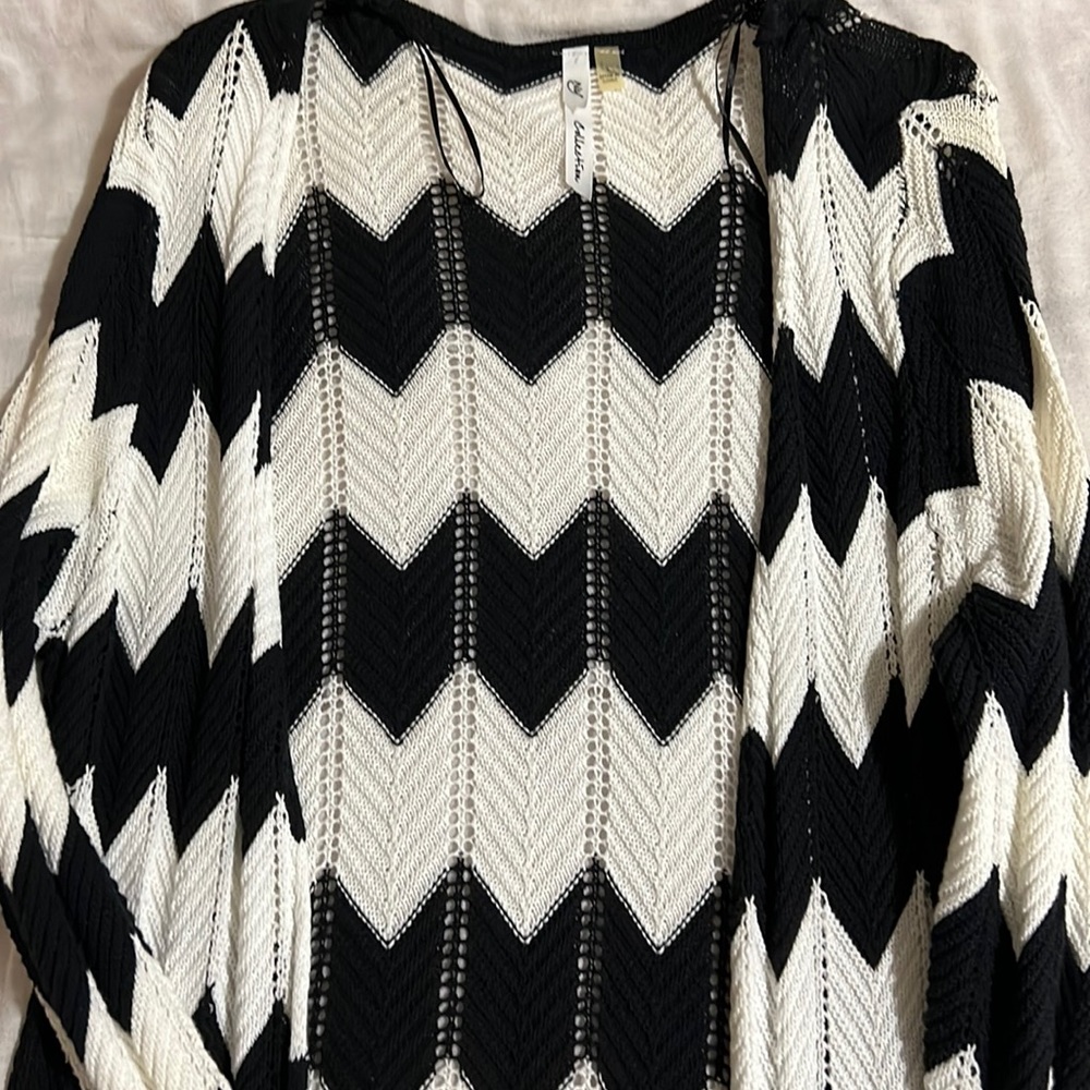 NY Collection Open-Front Maxi Cardigan In Black And White